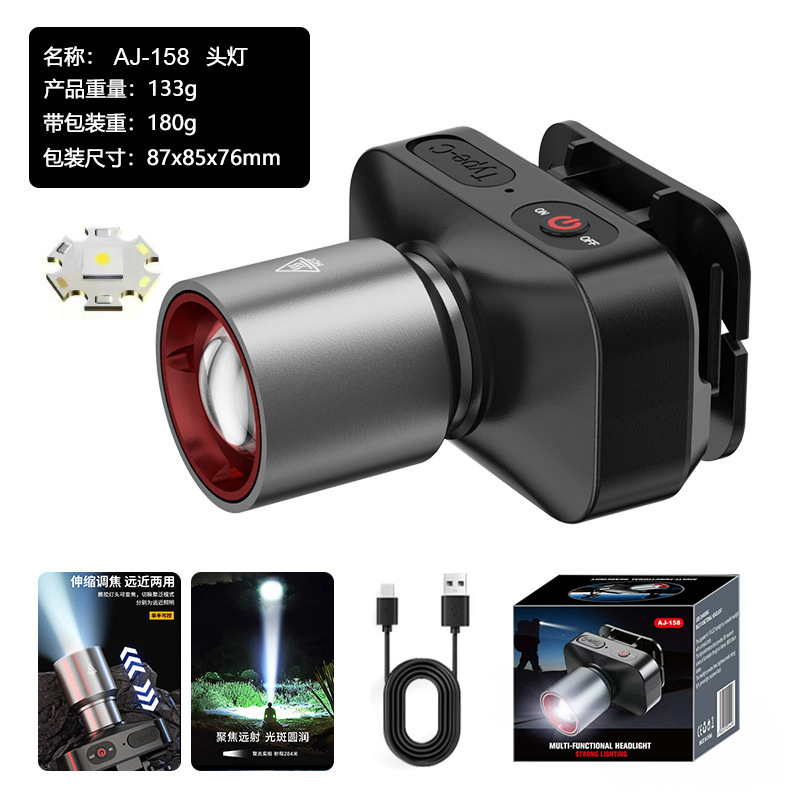 变焦头戴矿灯批发 户外多功能头灯批发 强光夜钓防水可充电工作